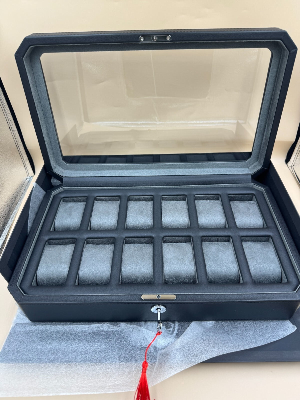 ROTHWELL 12 Slot Watch Box Black / Grey Locking Glass Top Display Case - Near Mi