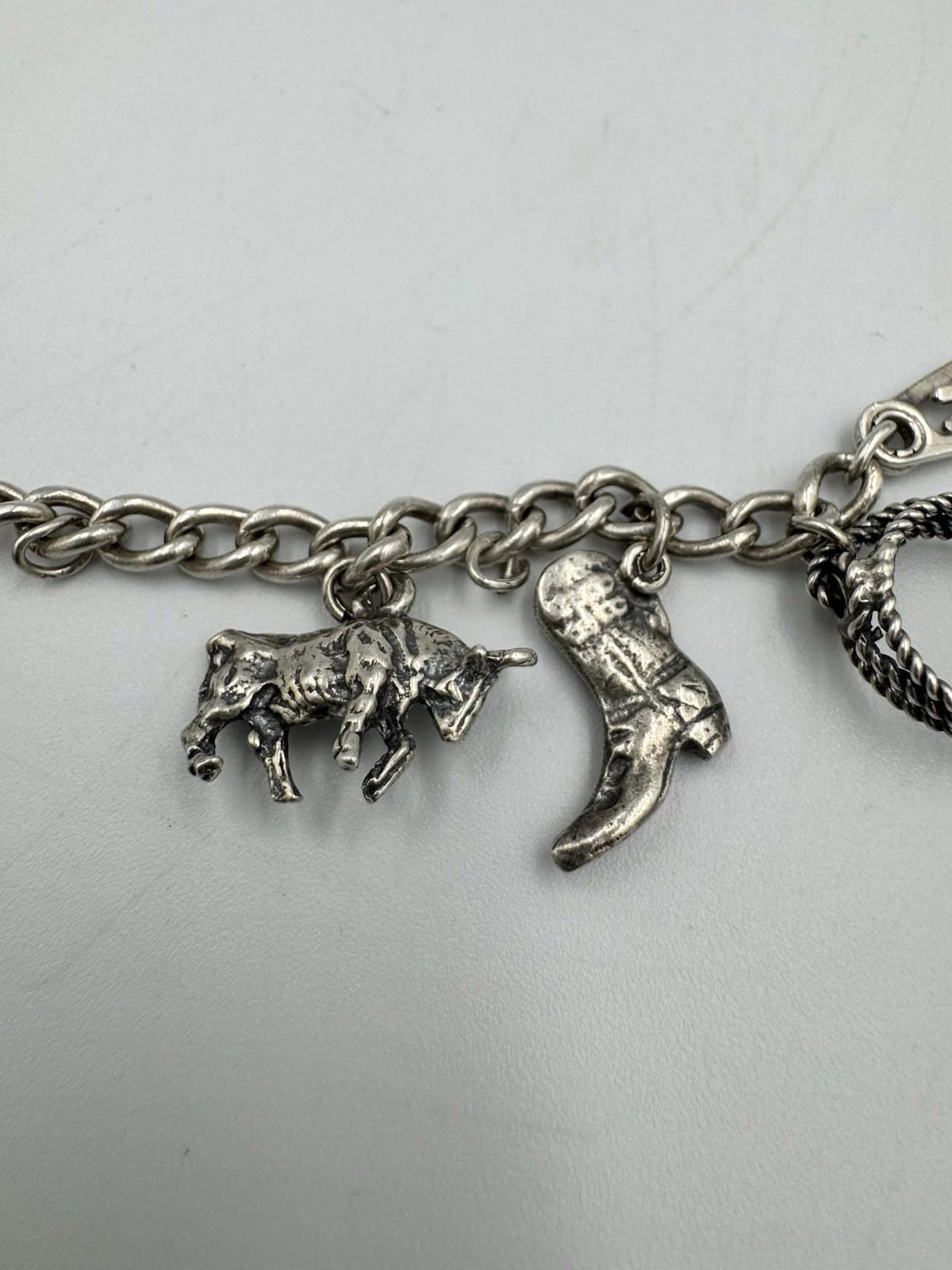Vintage Sterling Silver Charm Bracelet Southwestern Cowboy Bull Boot Wild West G