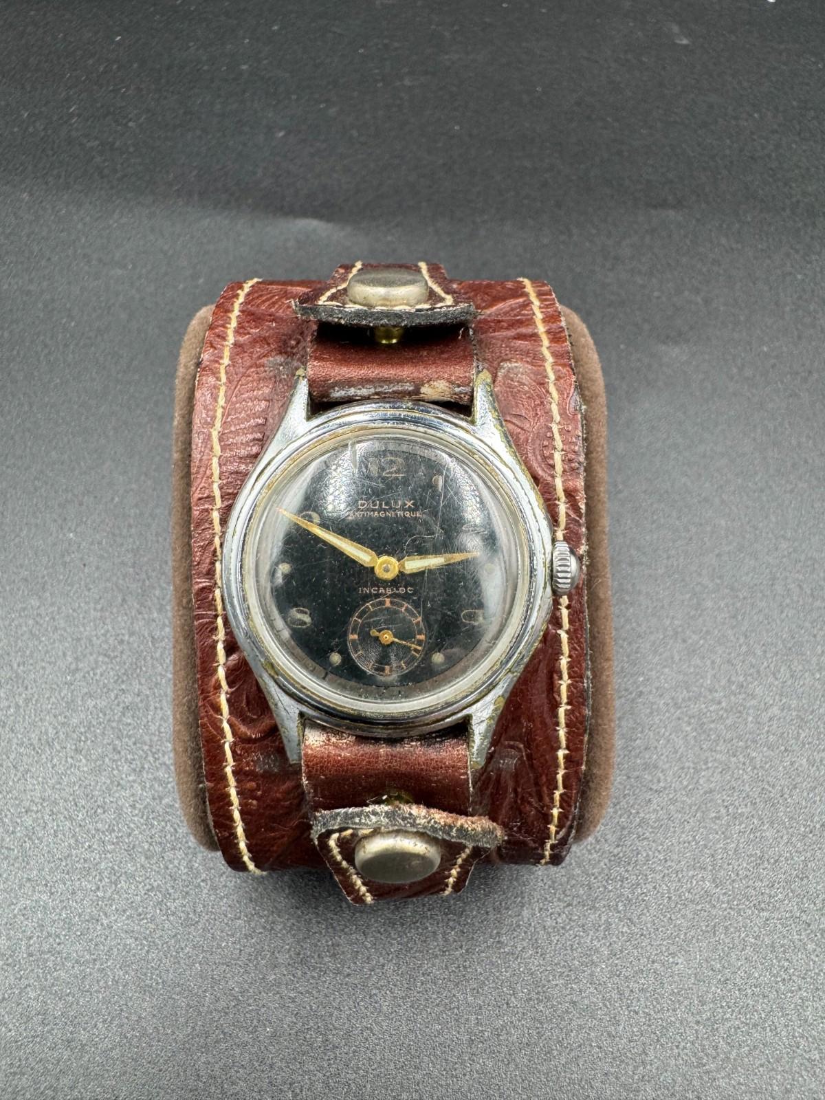 Vintage 1950s Dulux Antimagnetique Incabloc Black Gilt Dial Rau Fastener Bund St