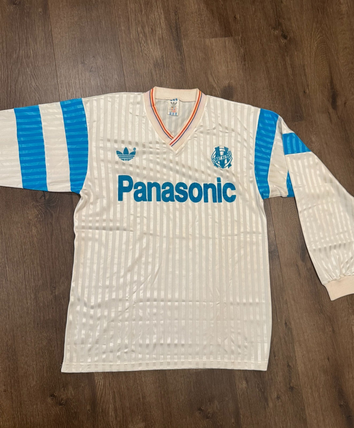 Vintage 1990 Home Kit Olympique Marseille Long Sleeve Football Jersey Large Rare