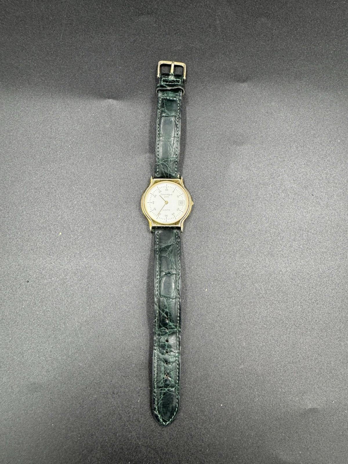 Vintage Courreges Paris Quartz Date Watch Swiss Made White Dial Green Band Great