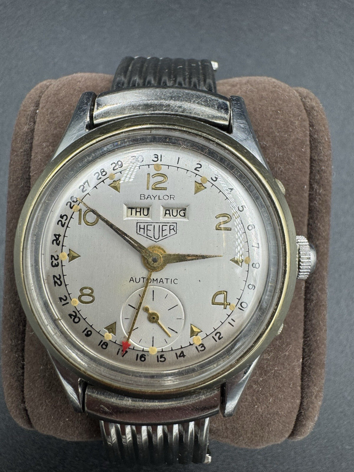 Antique Baylor Heuer Triple Date Bumper Automatic Watch 10K GF TOP CAPS Serviced