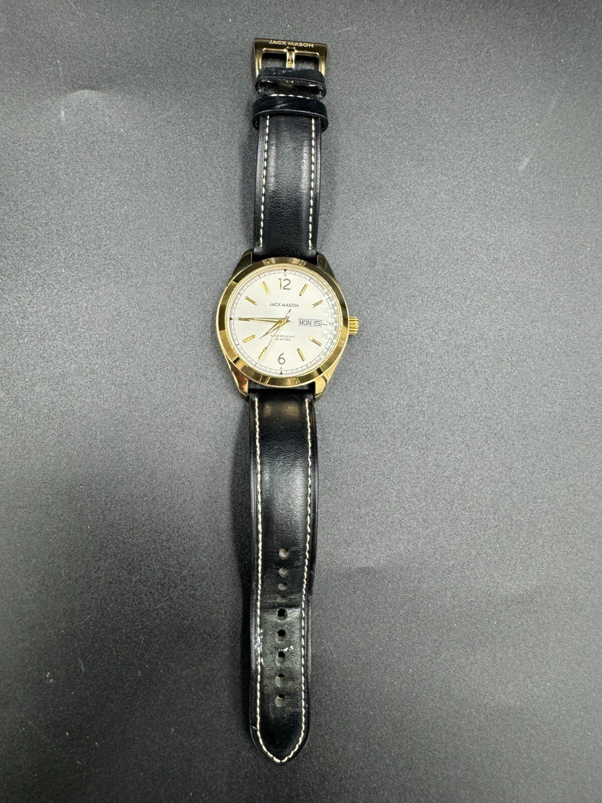 Jack Mason Canton Day-Date Quartz Watch (Gold PVD) with Brown Leather Strap VG+