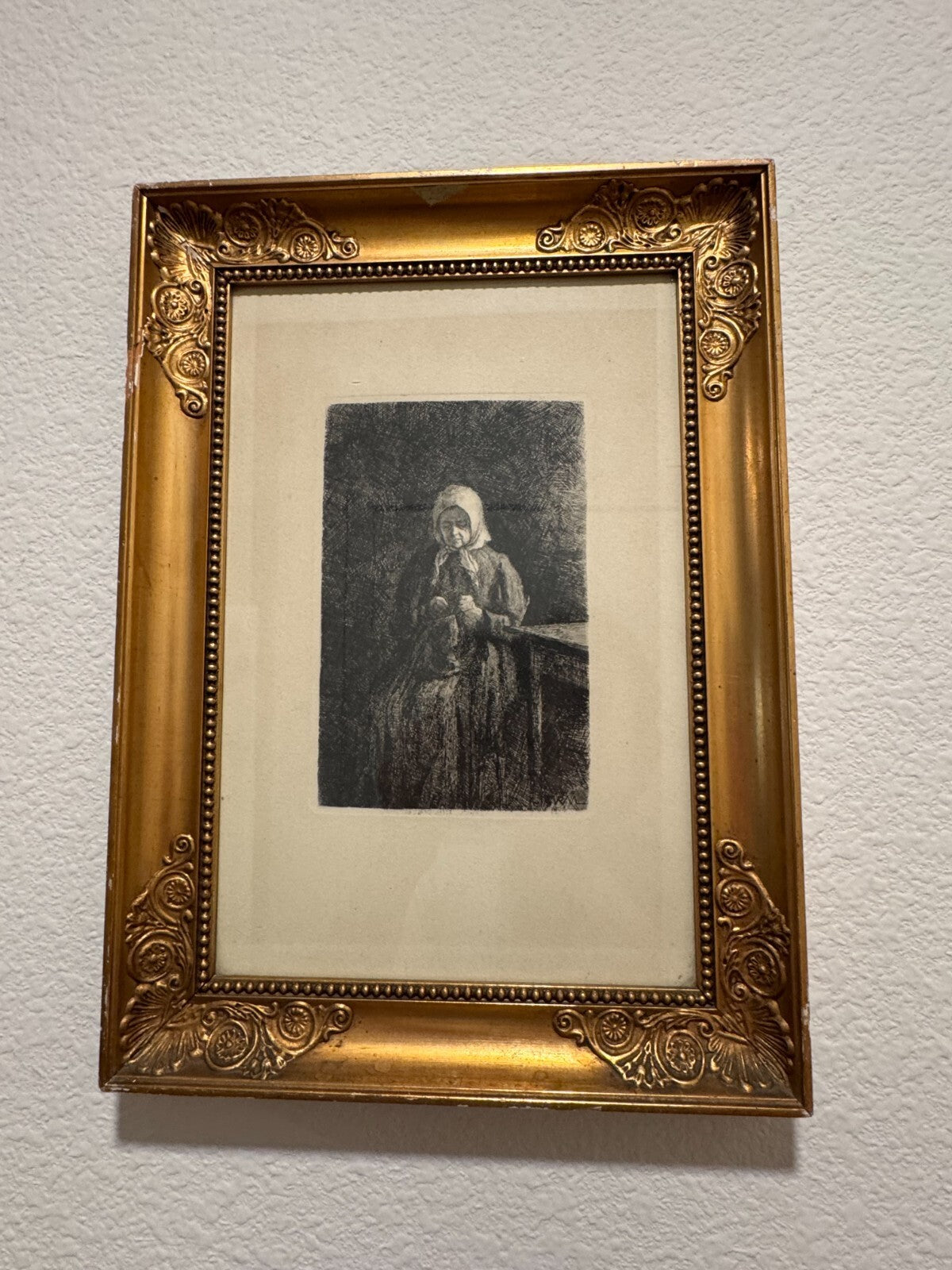 Antique 1900 Etching Old Woman Knitting Sewing J.V.N. Framed Very Good Condition