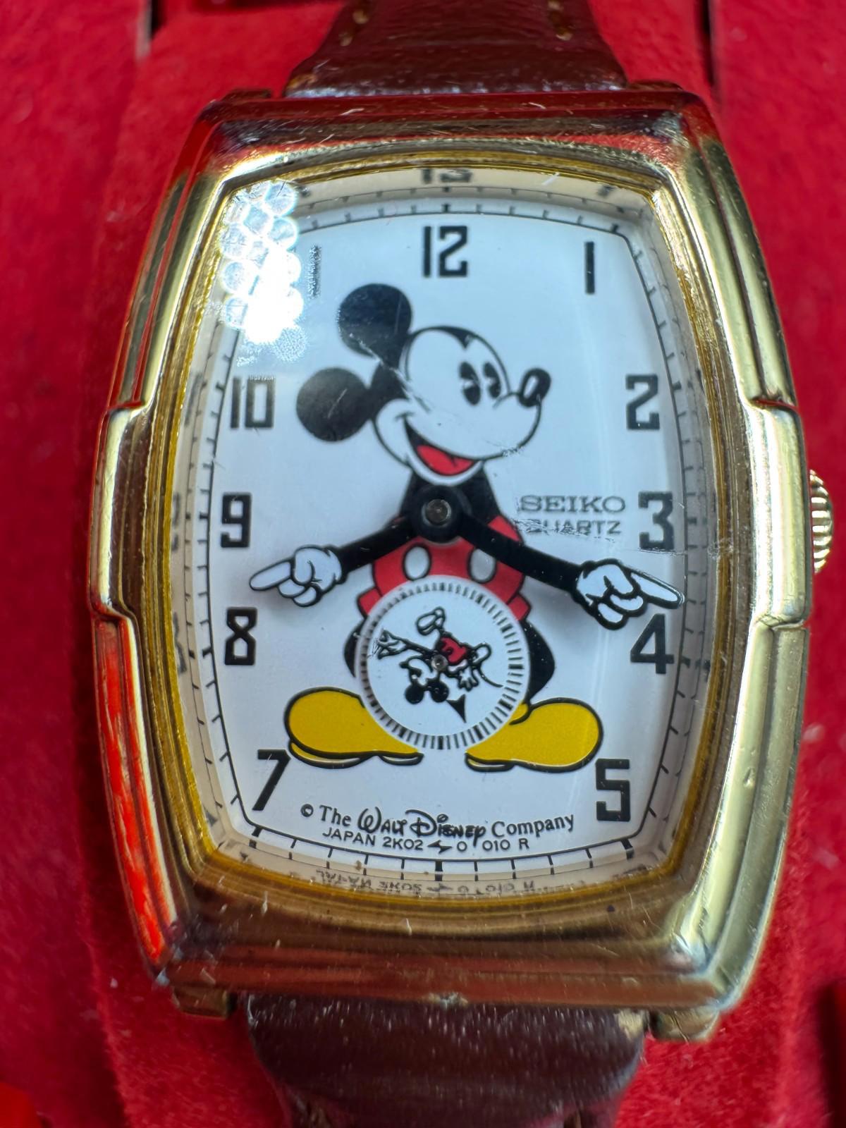 Classic 80's Mickey Mouse Face Leather Strap Watch Japan 2K02-5019 Seiko Quartz