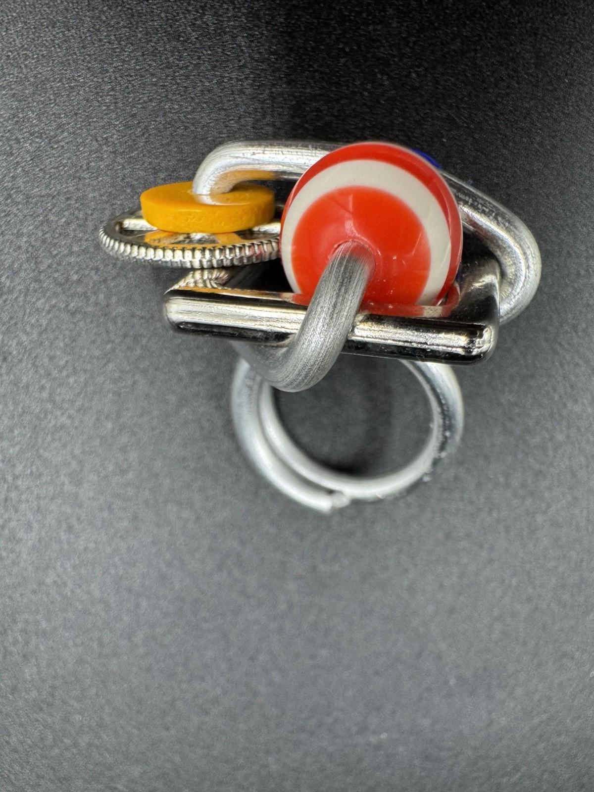 Handmade Bauhaus Inspired Aluminum Puzzle Ring Argentine Designer Striped Bead M