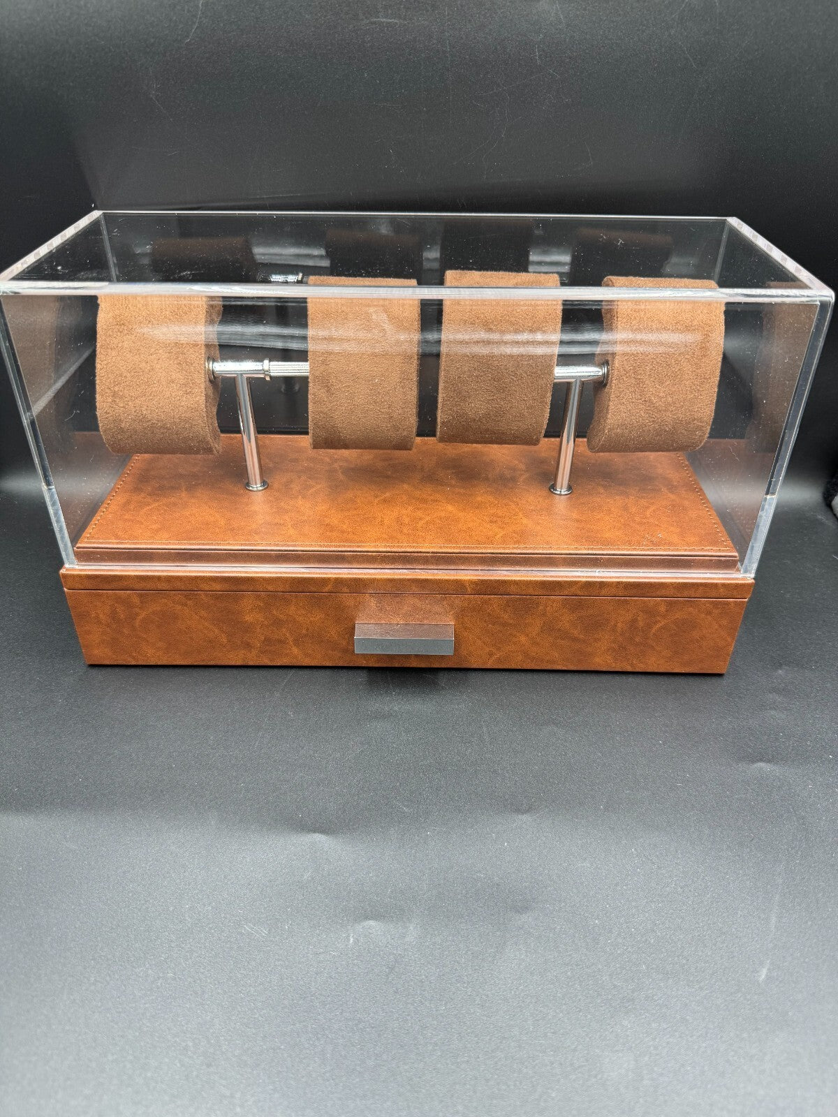 ROTHWELL 4 Slot Leather Watch Box with Valet Drawer - Luxury Case Display Brown