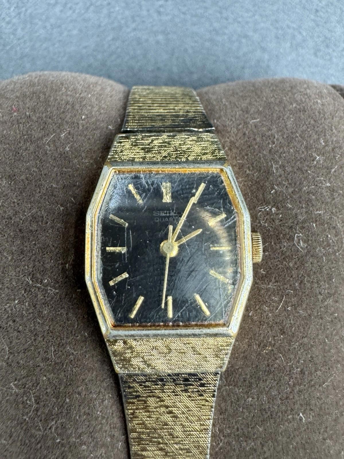 Seiko Watch Women 17mm Black Dial Gold Tone Octagon 1421-5530 Needs Servicing Ba