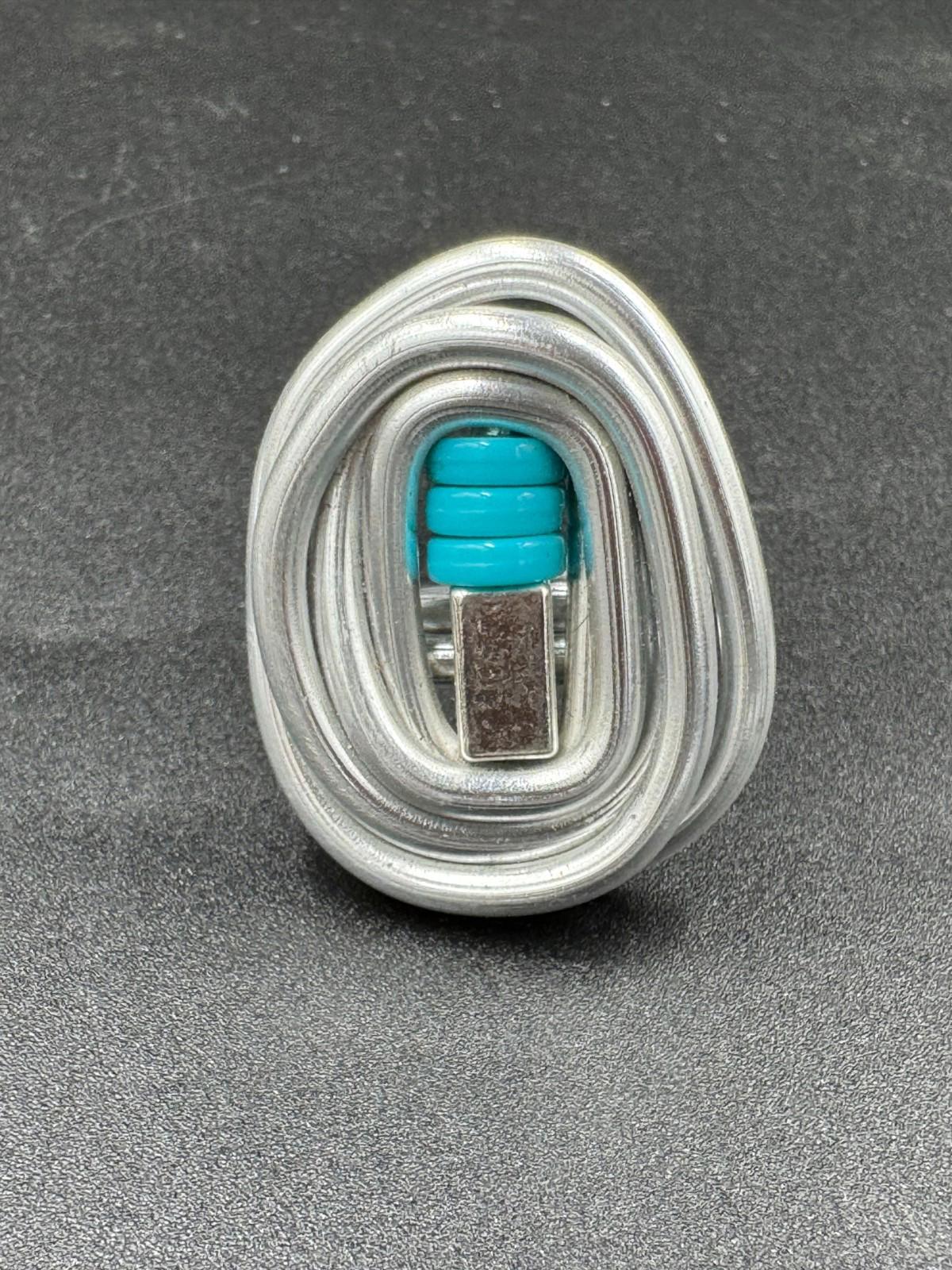 Handmade Bauhaus Inspired Aluminum Puzzle Ring Argentine Designer Teal Disc NM+