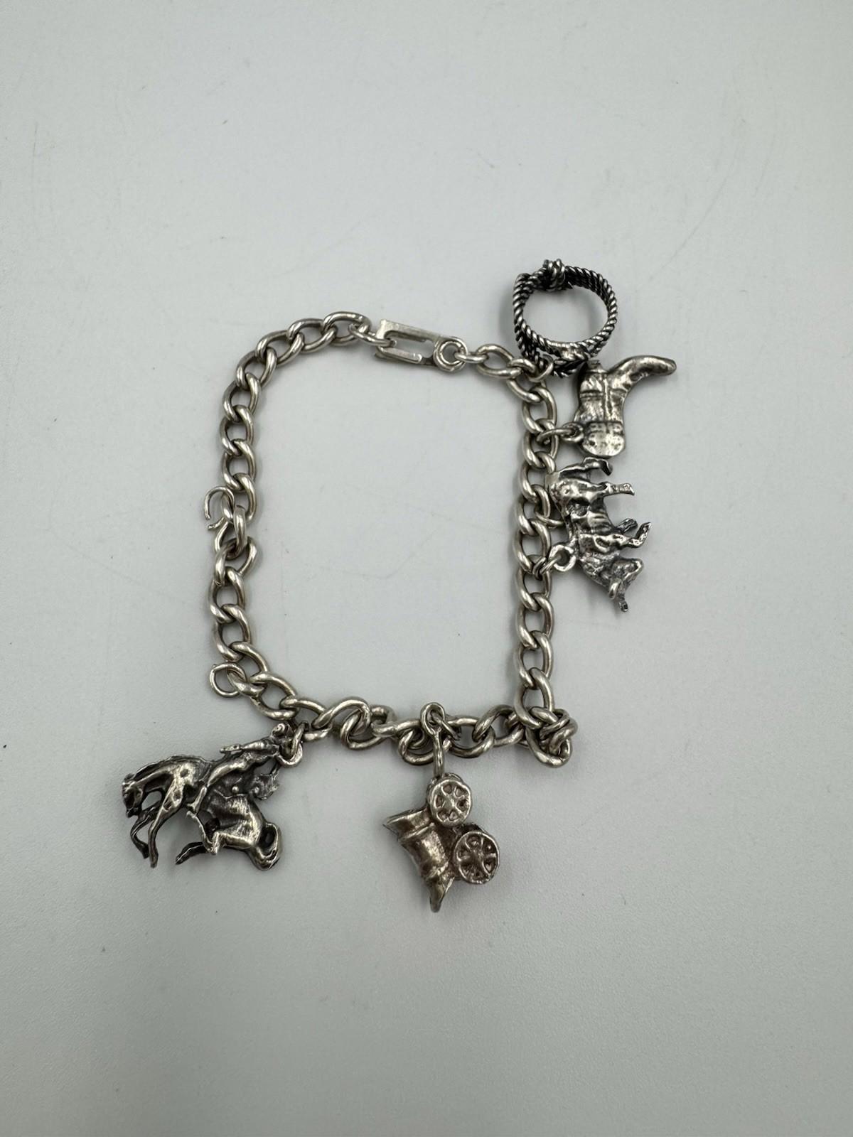 Vintage Sterling Silver Charm Bracelet Southwestern Cowboy Bull Boot Wild West G