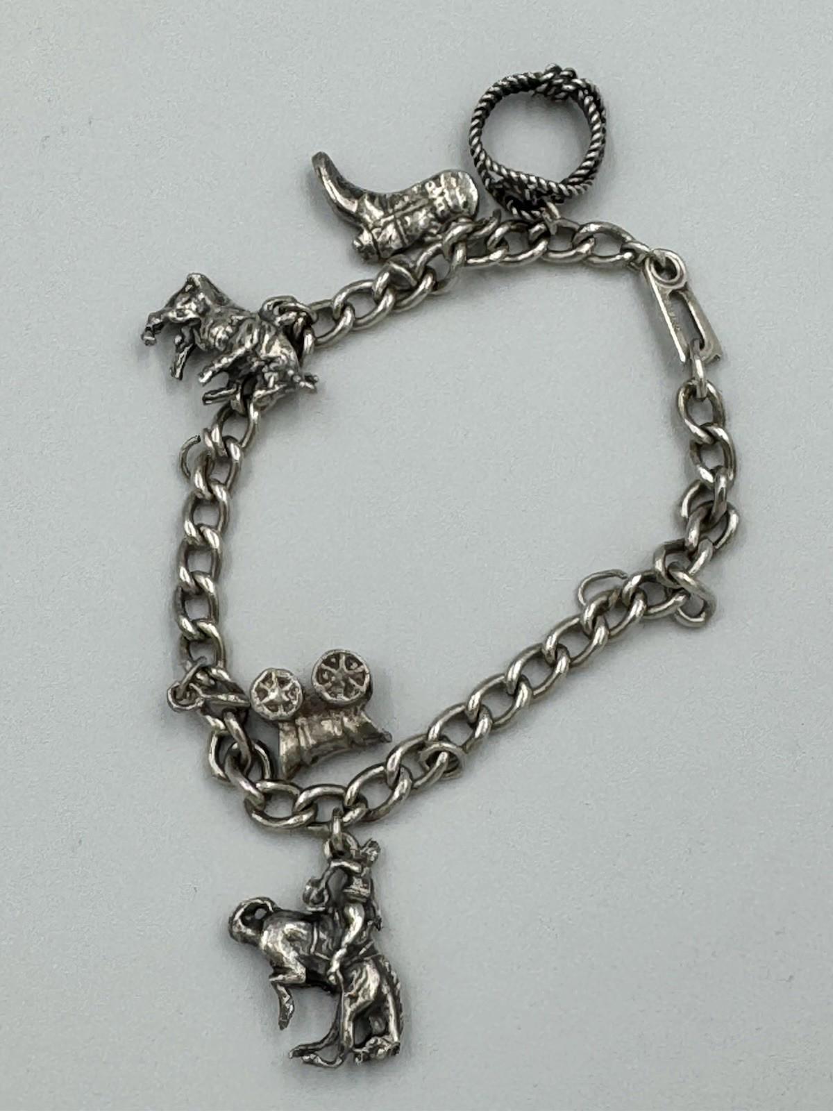 Vintage Sterling Silver Charm Bracelet Southwestern Cowboy Bull Boot Wild West G