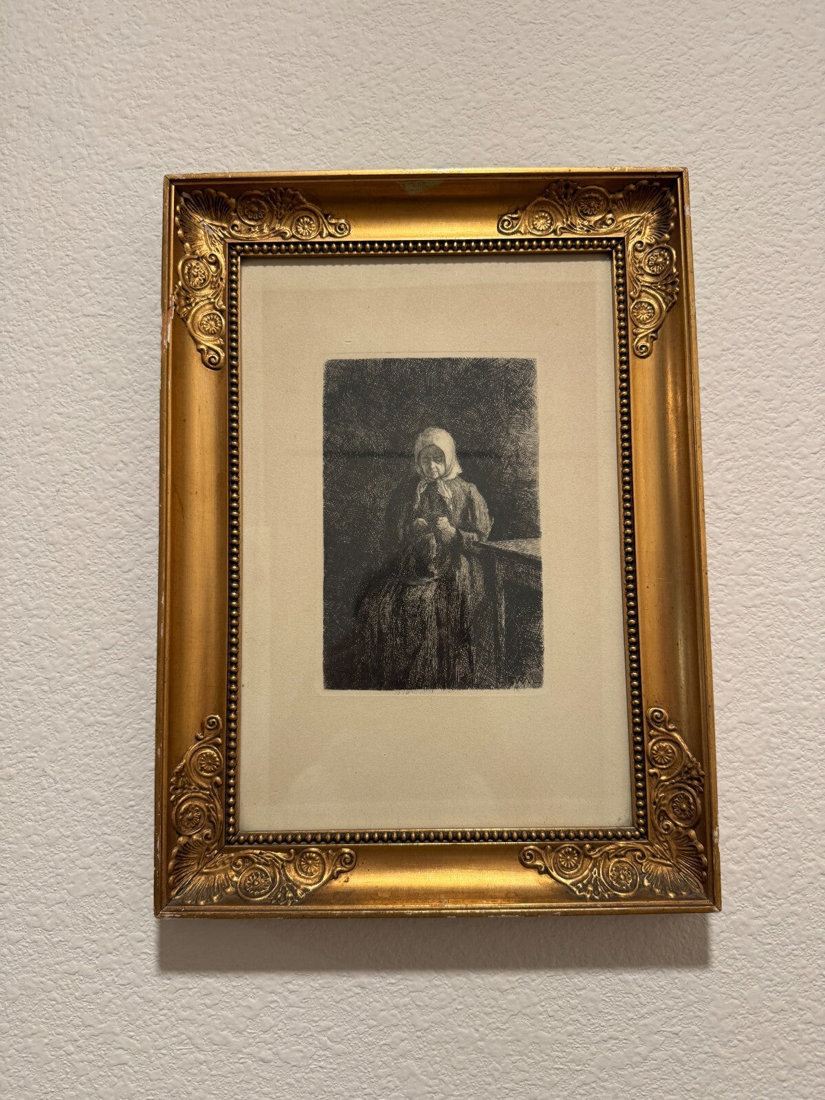 Antique 1900 Etching Old Woman Knitting Sewing J.V.N. Framed Very Good Condition