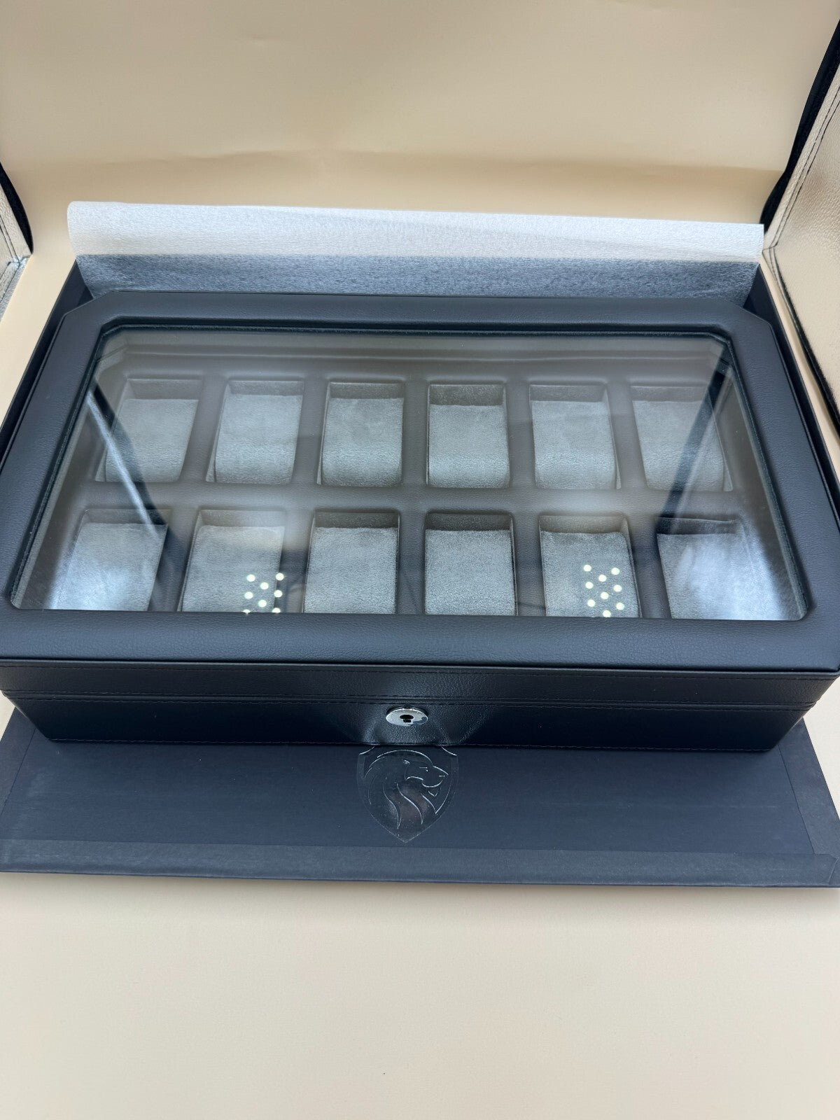 ROTHWELL 12 Slot Watch Box Black / Grey Locking Glass Top Display Case - Near Mi