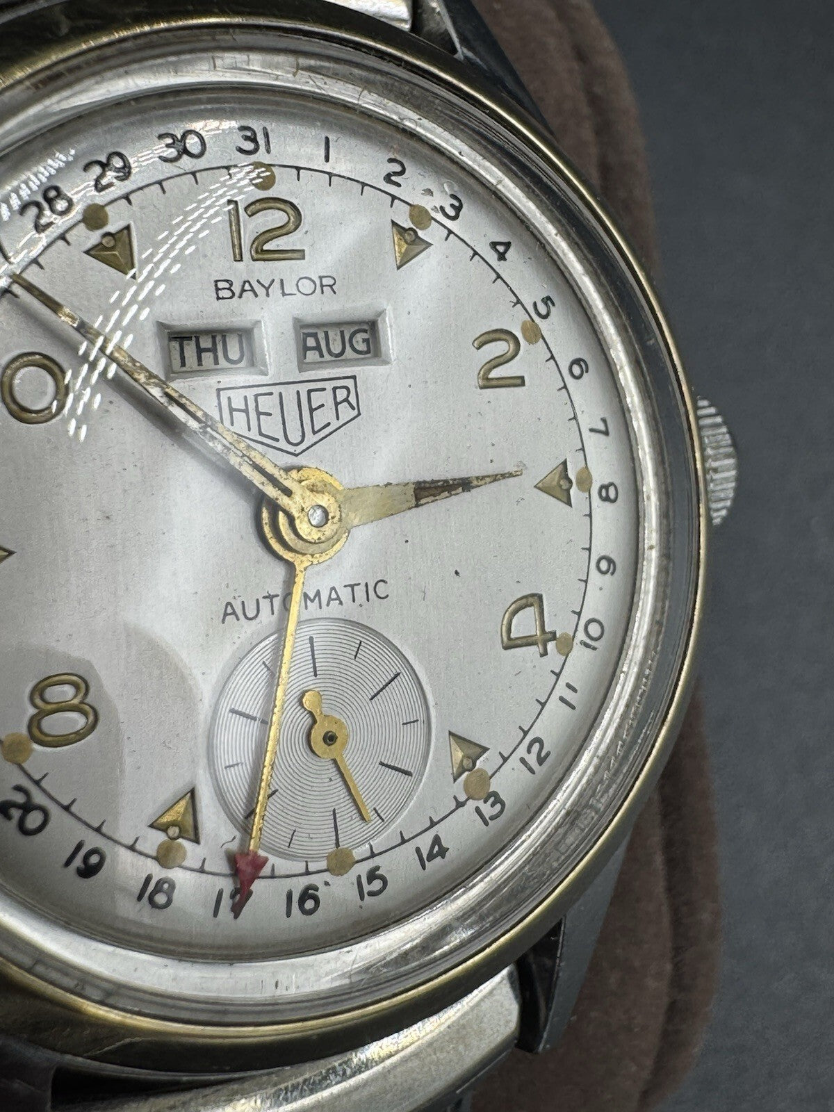 Antique Baylor Heuer Triple Date Bumper Automatic Watch 10K GF TOP CAPS Serviced
