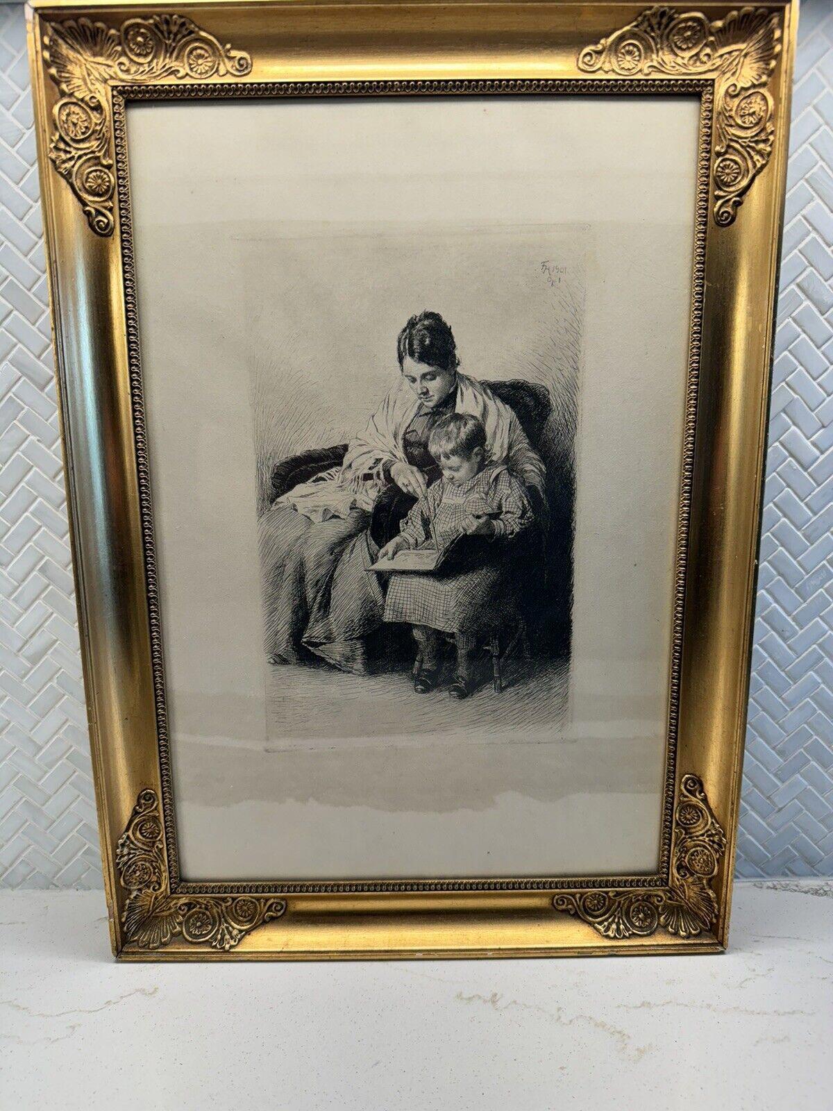Learning to Read Frants Henningsen Danish Etching 1901