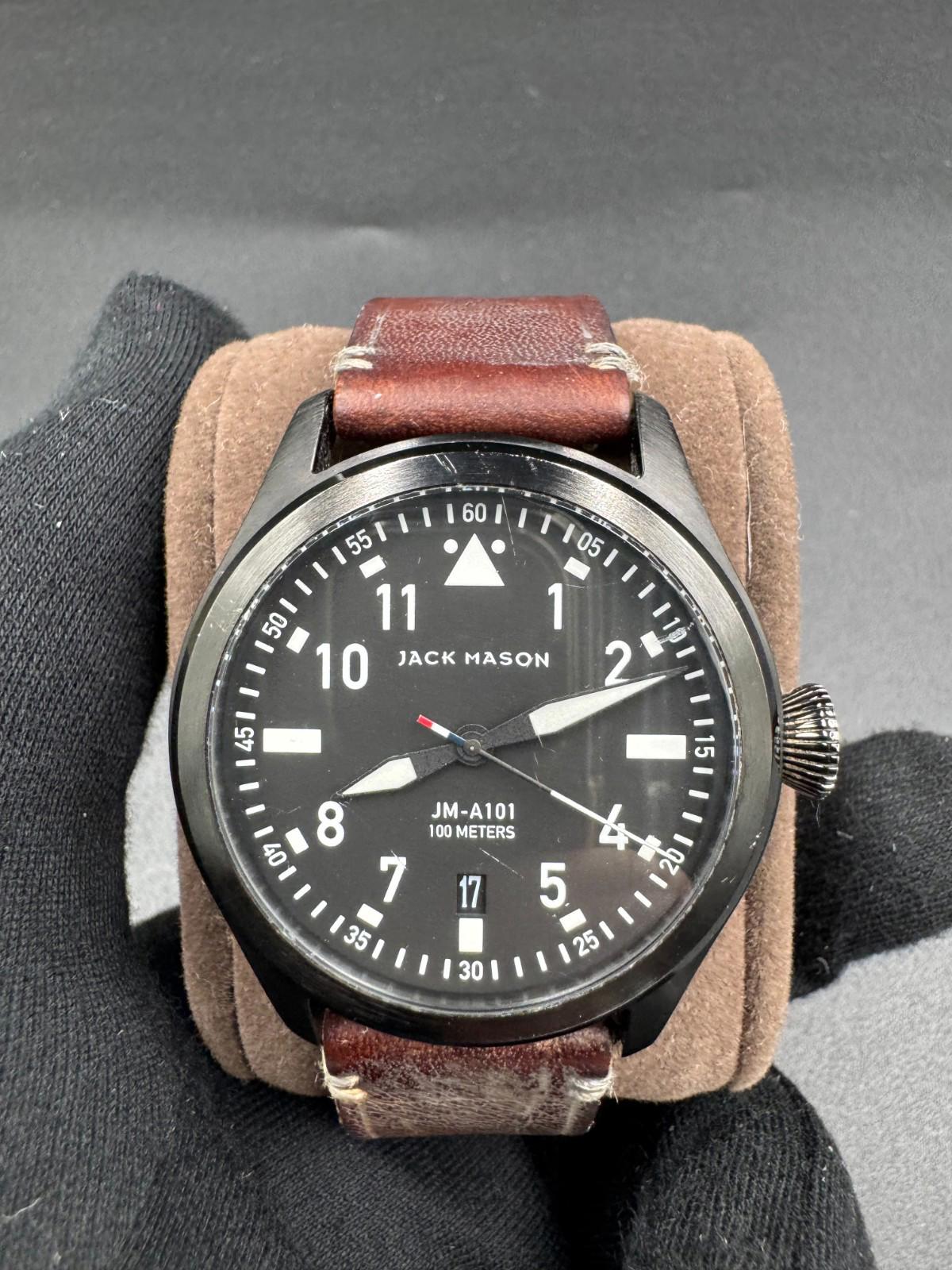 Jack Mason JM-A101 Aviation Black PVD Pilot Watch Leather Strap 42mm - Rare VG+