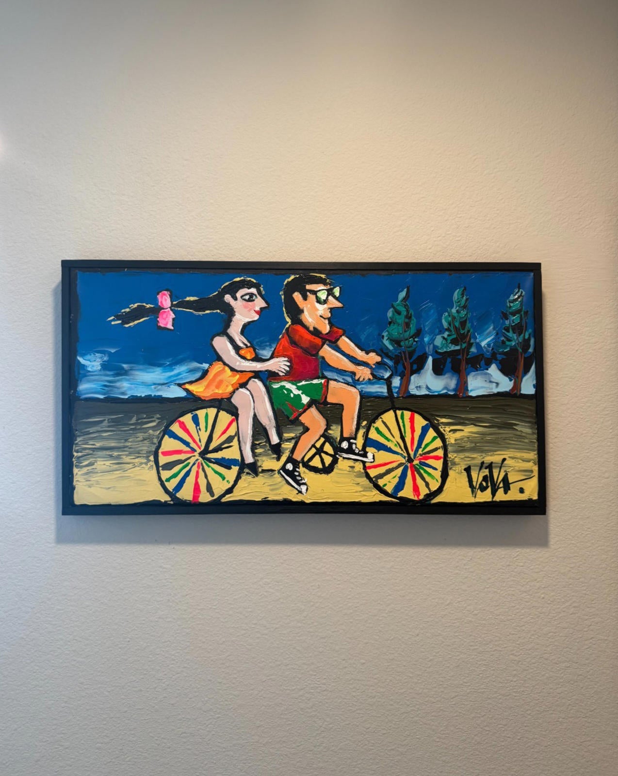 Original Vova Vladimir Mingar Acrylic Painting Bicycle Couple Signed with COA NM