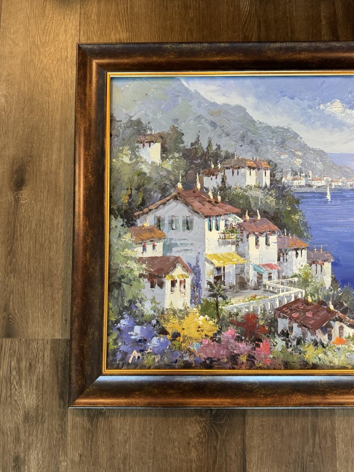 Original Signed Oil Painting Mediterranean Coastal Village Seascape Framed - VG+