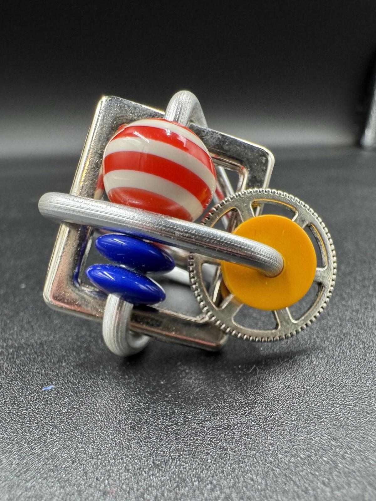 Handmade Bauhaus Inspired Aluminum Puzzle Ring Argentine Designer Striped Bead M