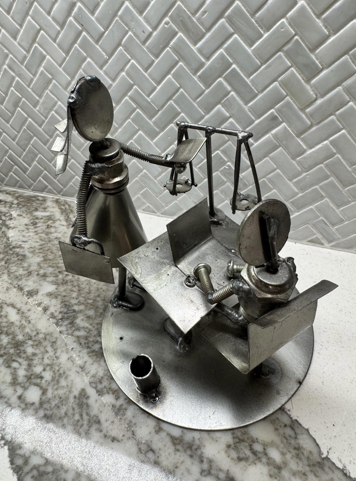 Metal Sculpture Art Recycled Handcrafted Figure Rustic Buss.