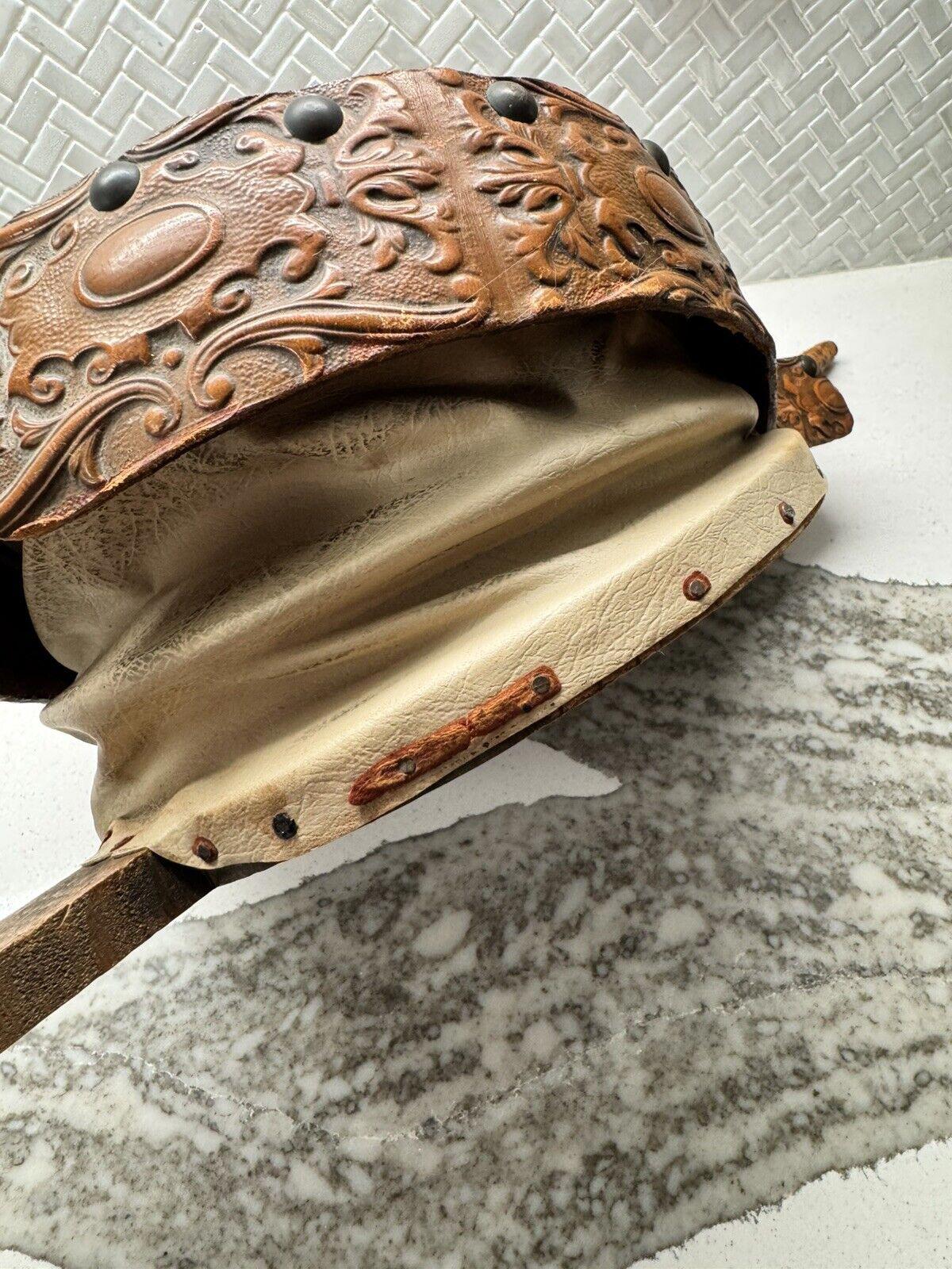 Antique Hand Tooled Leather Fireplace Bellow Wood Vintage