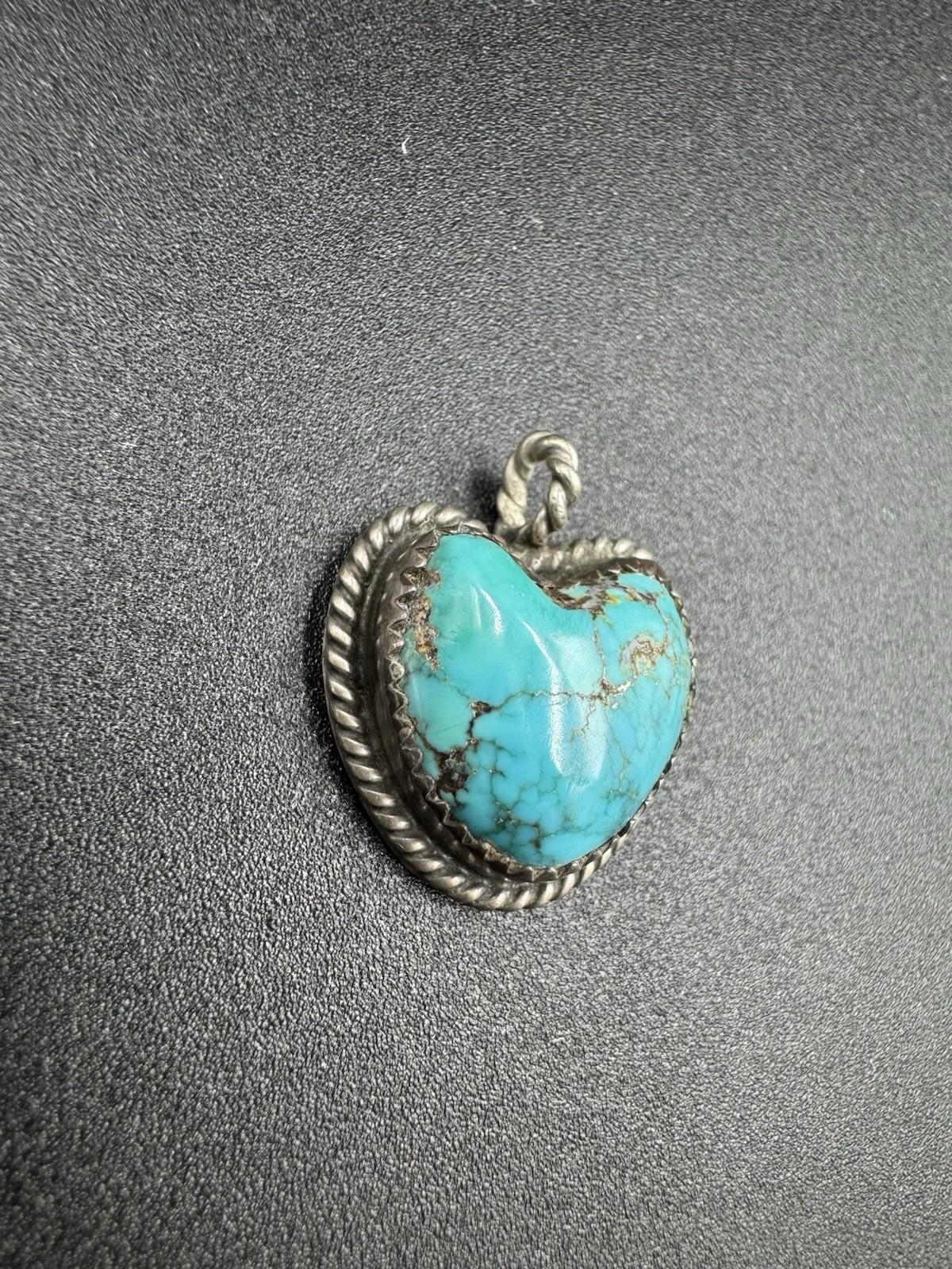Vintage Navajo Turquoise Heart Pendant Silver Marked AG 5.39g See Condition VG+