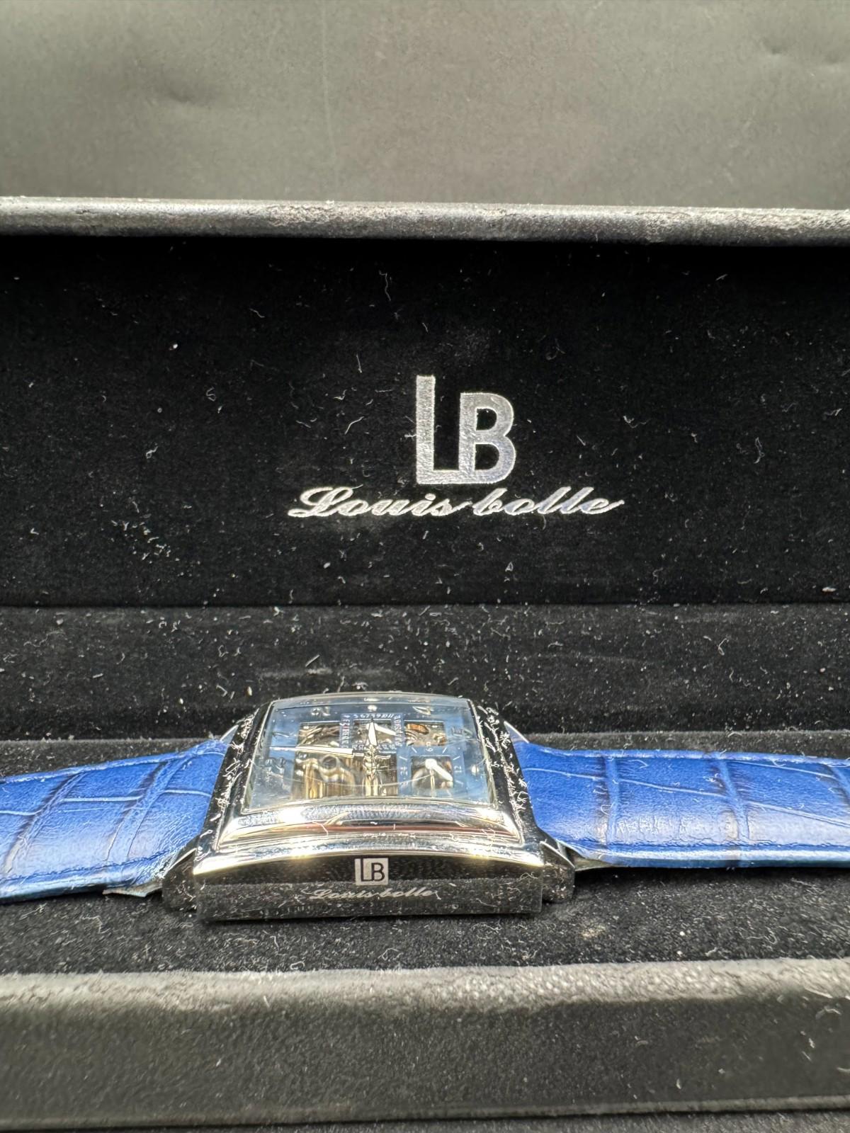 38mm Square SLVR/BLUE Auto Day Date 24-hour Blue Strap LOUIE BOLLE Mens Watches