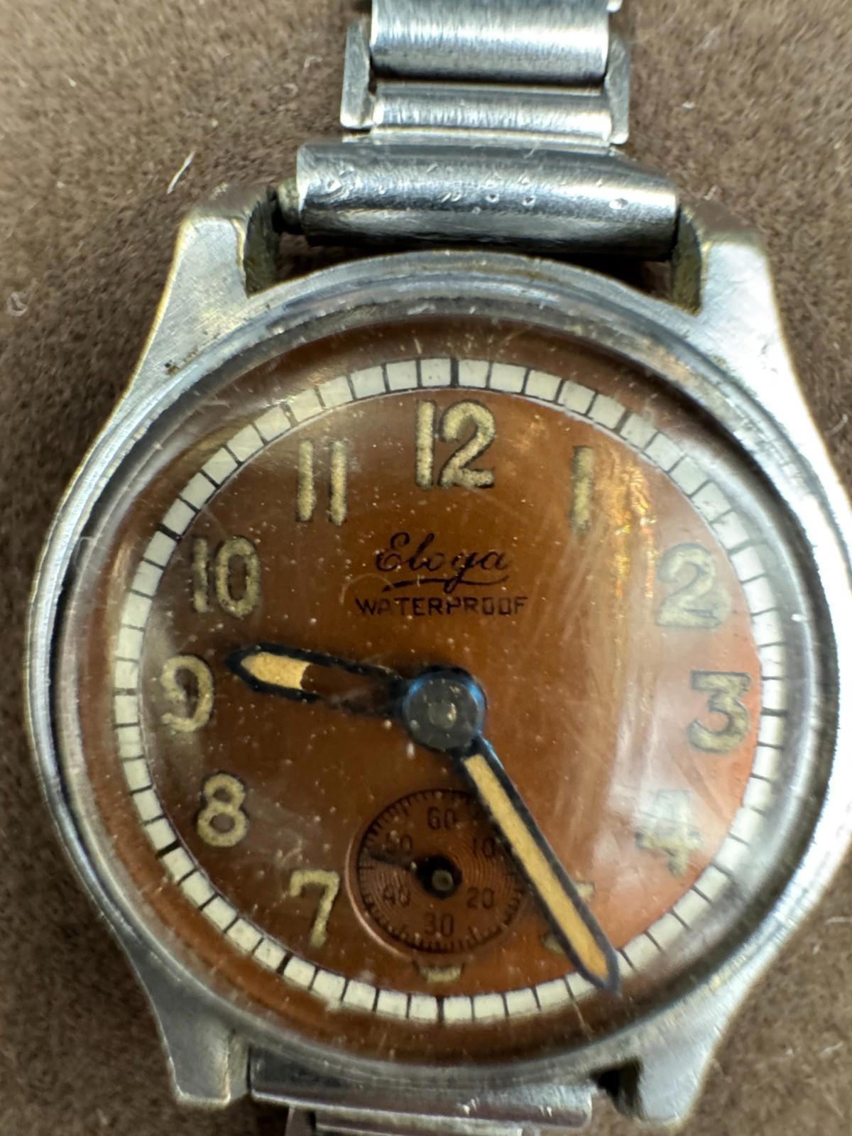 Vintage Eloga Waterproof Swiss Watch AS 964 15 Jewels Manual Wind Copper Dial VG