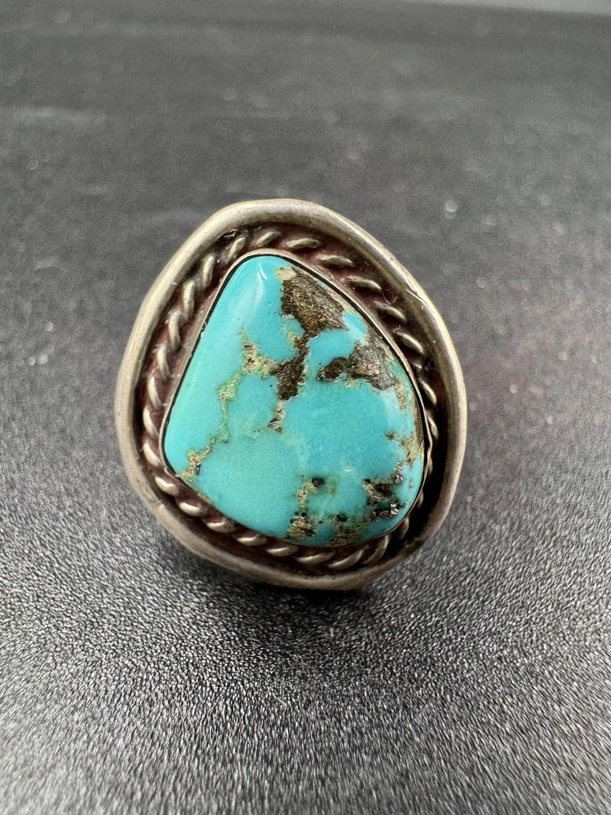 Vintage Navajo Turquoise Ring Sterling Silver Natural Stone Matrix Twisted Rope