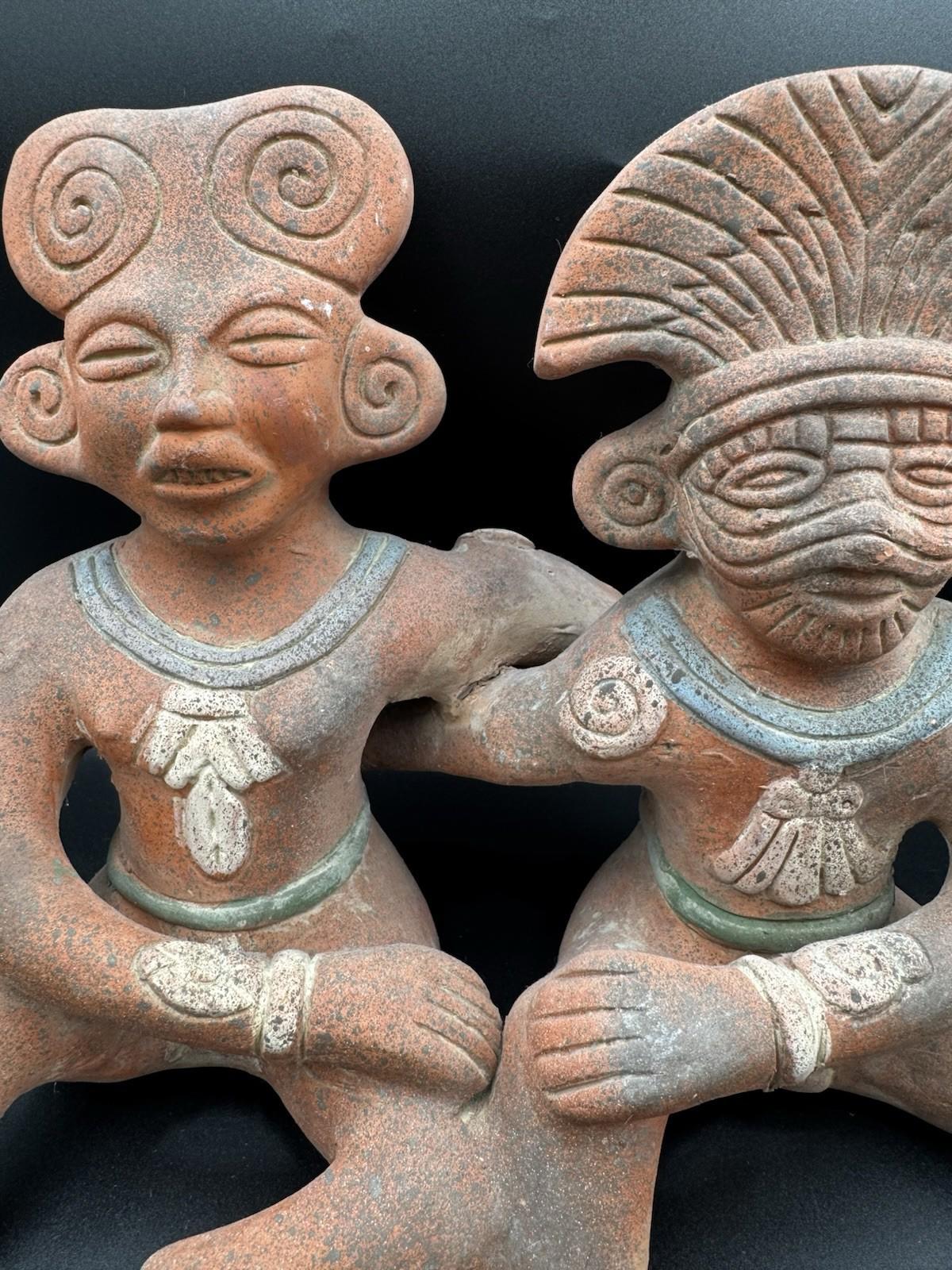 Vintage Mexican Folk Art Pre-Columbian Style Mayan Couple Connected Figurine