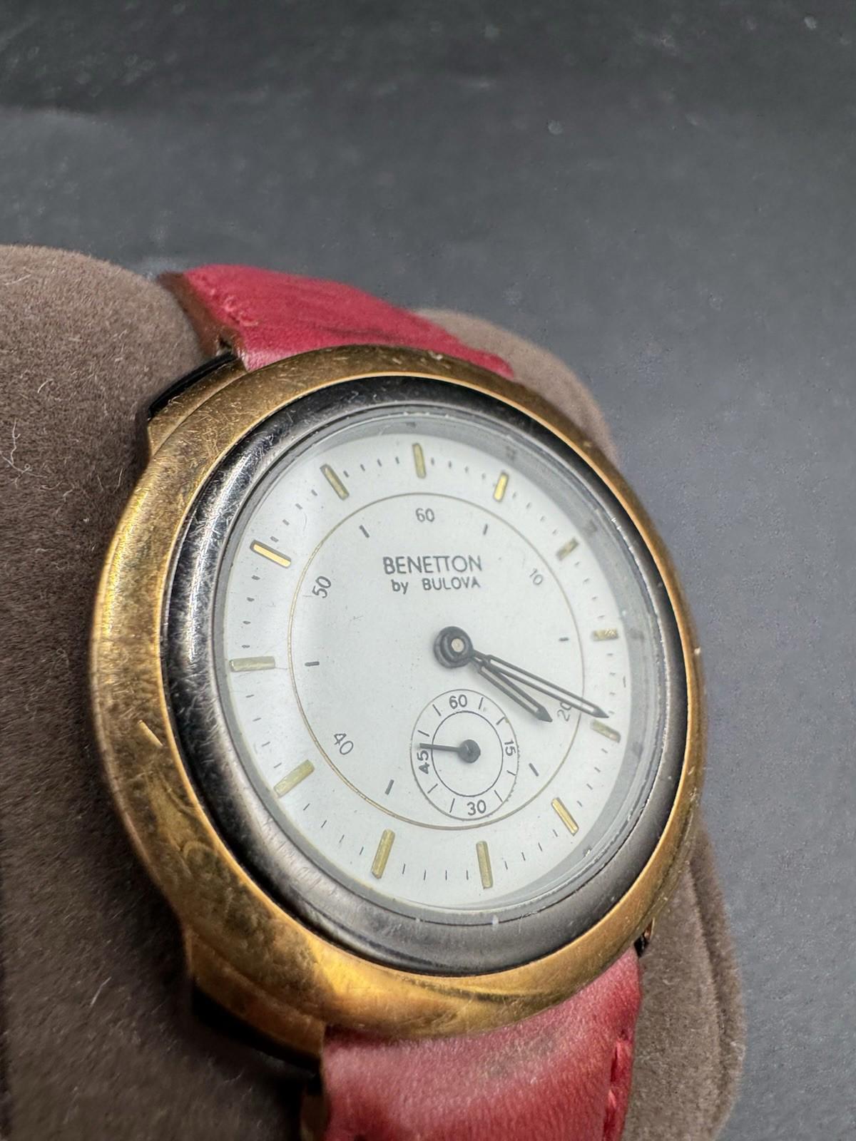 Vintage Benetton by Bulova Tachymeter Watch Red Velvet Strap 1990s Rare Collab G