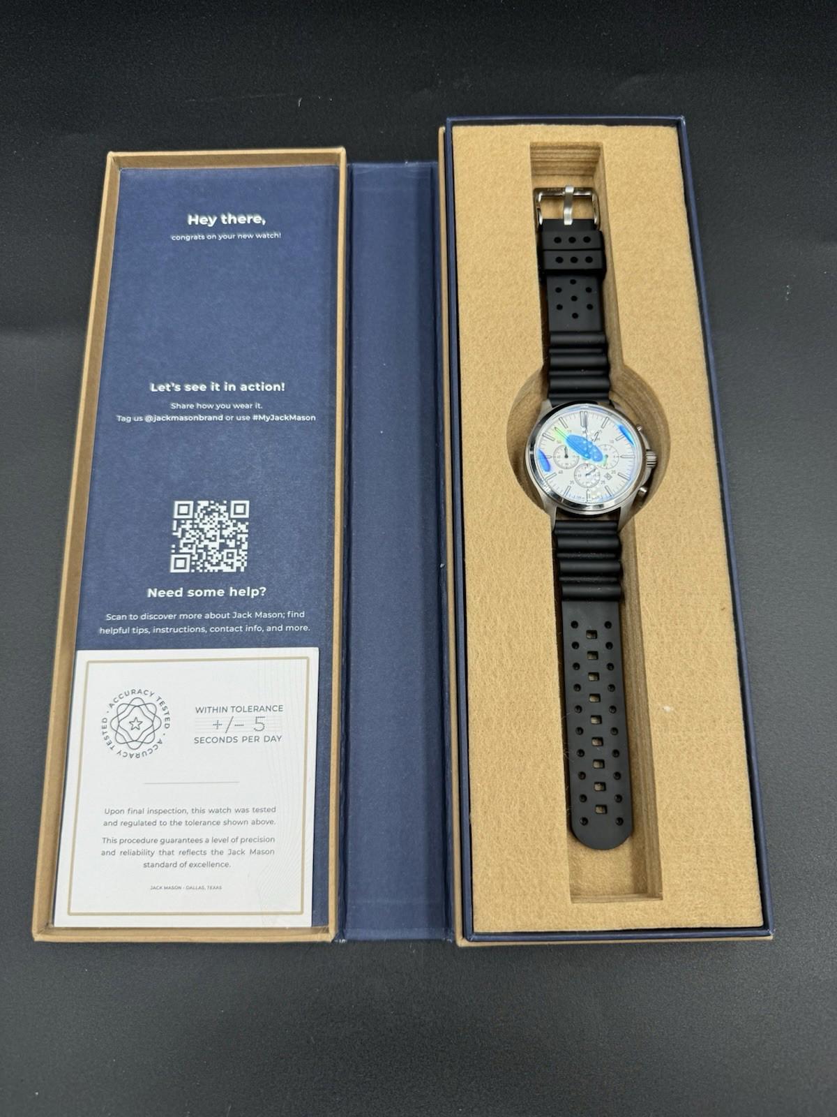 Jack Mason JM-F102 Chronograph Watch White Dial 38mm w/ Box Black Rubber Band OG