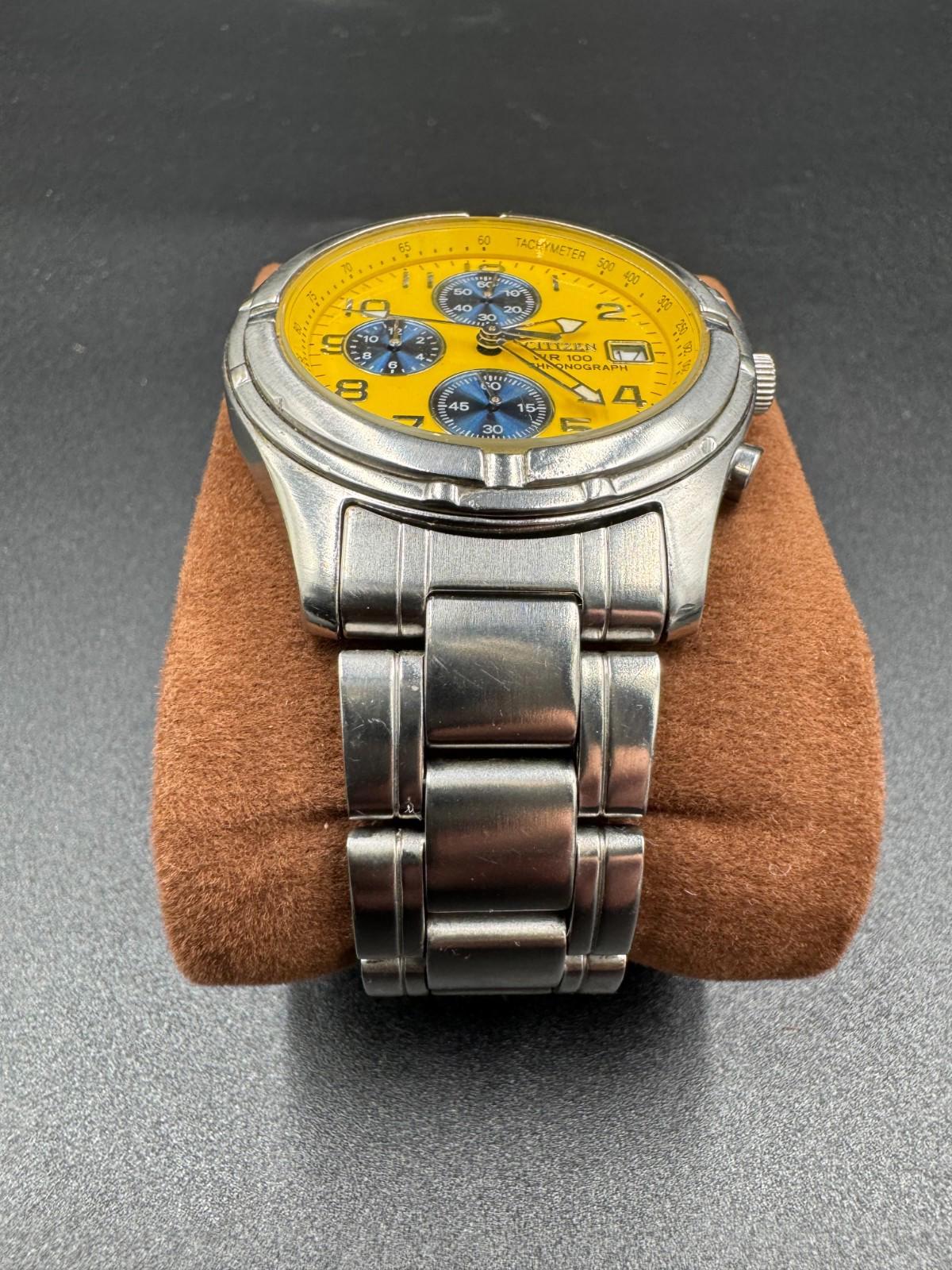 Citizen Mens Sport Chronograph Watch Yellow Panda Dial Date 38mm SS Bracelet WR