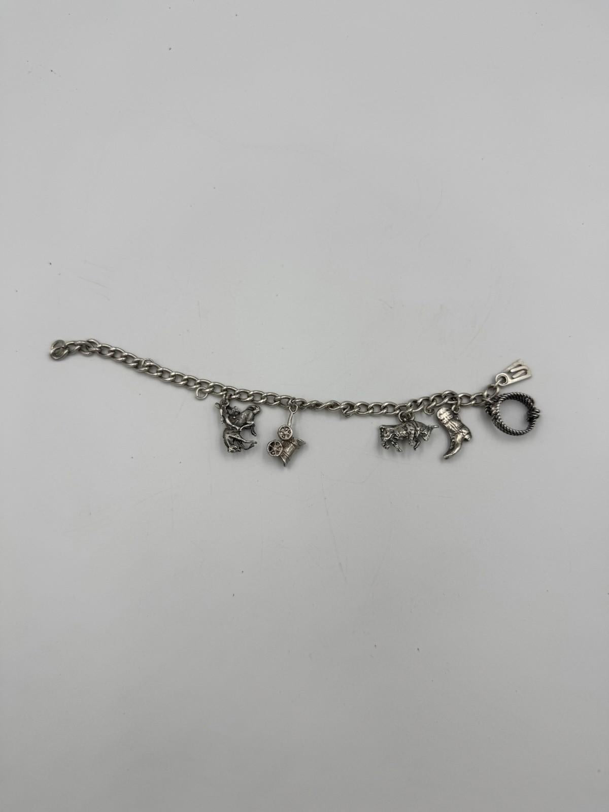 Vintage Sterling Silver Charm Bracelet Southwestern Cowboy Bull Boot Wild West G