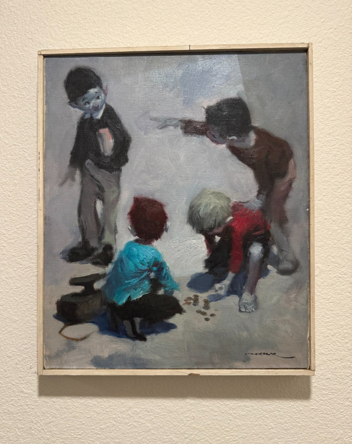 Marcello Signed Oil Painting Children Playing Coins Original Canvas Great Condit