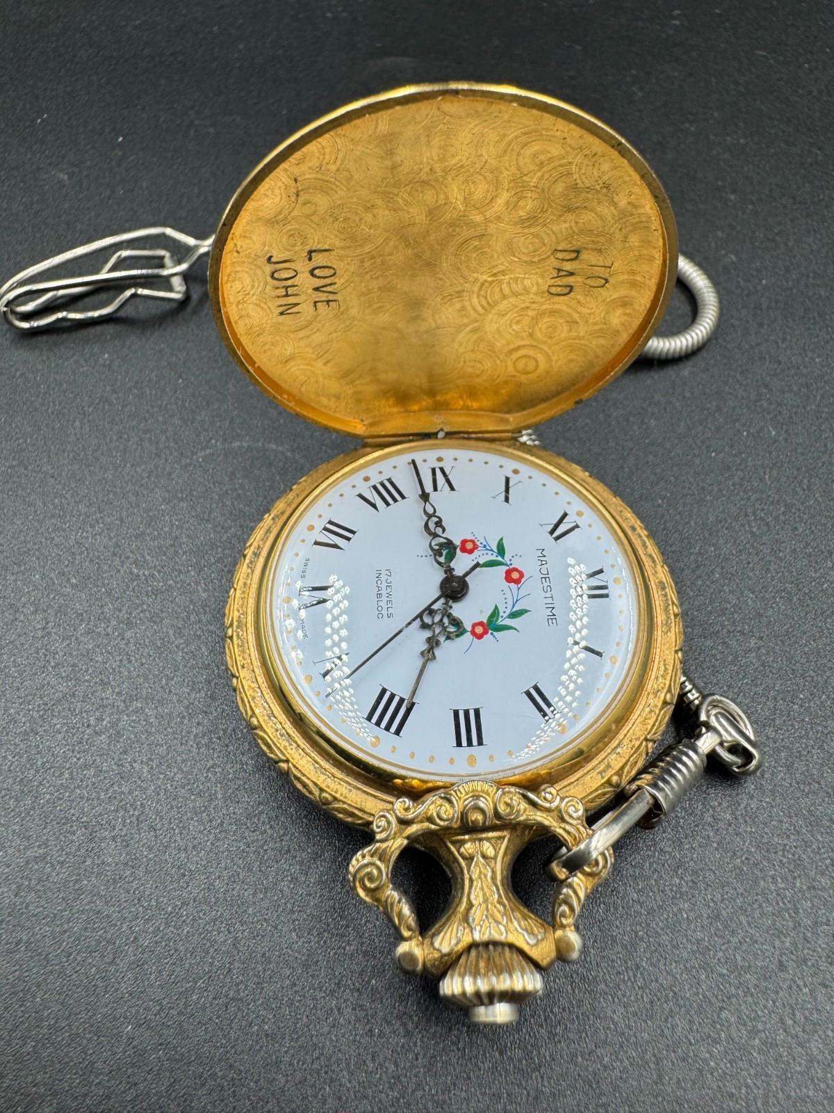 Vintage Majestime Swiss 17 Jewels Incabloc Deer Hunter Pocket Watch Chain To Dad