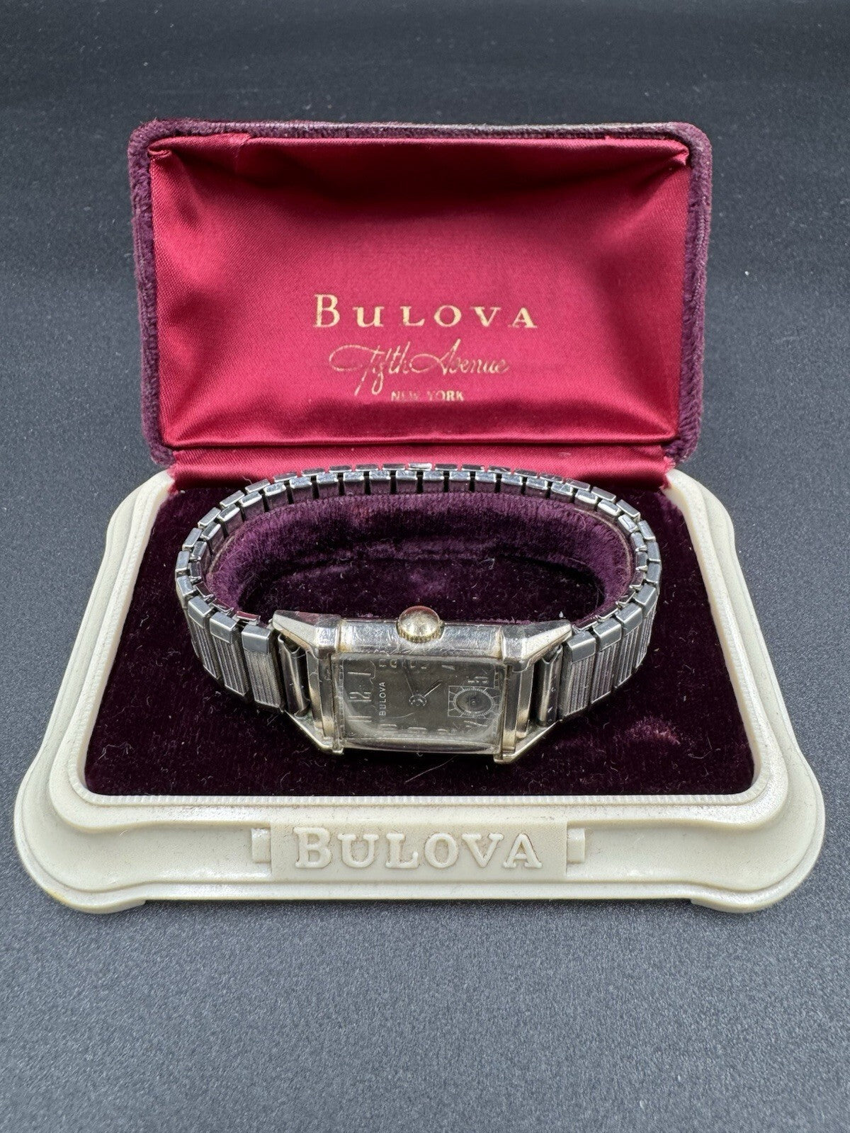 Vintage 1940s Bulova Fifth Avenue Tank Watch 10K Gold Filled Tropical Dial Box E