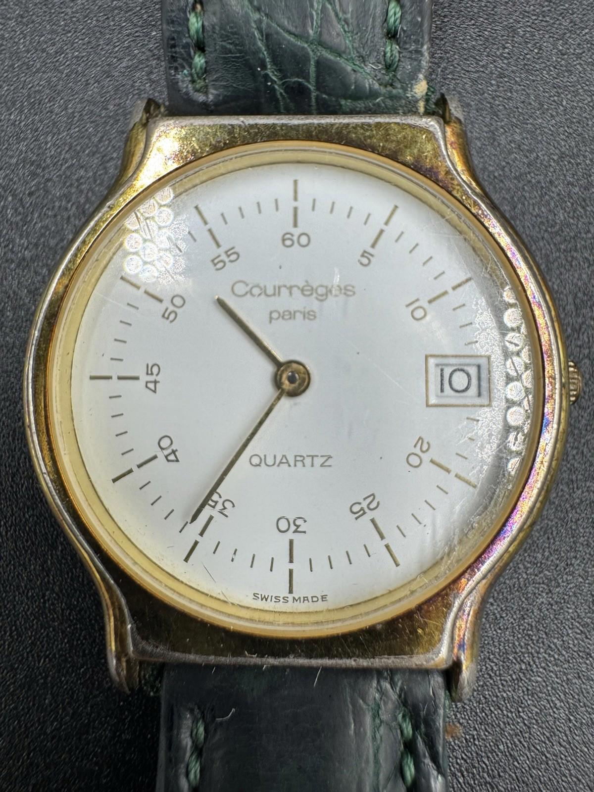 Vintage Courreges Paris Quartz Date Watch Swiss Made White Dial Green Band Great