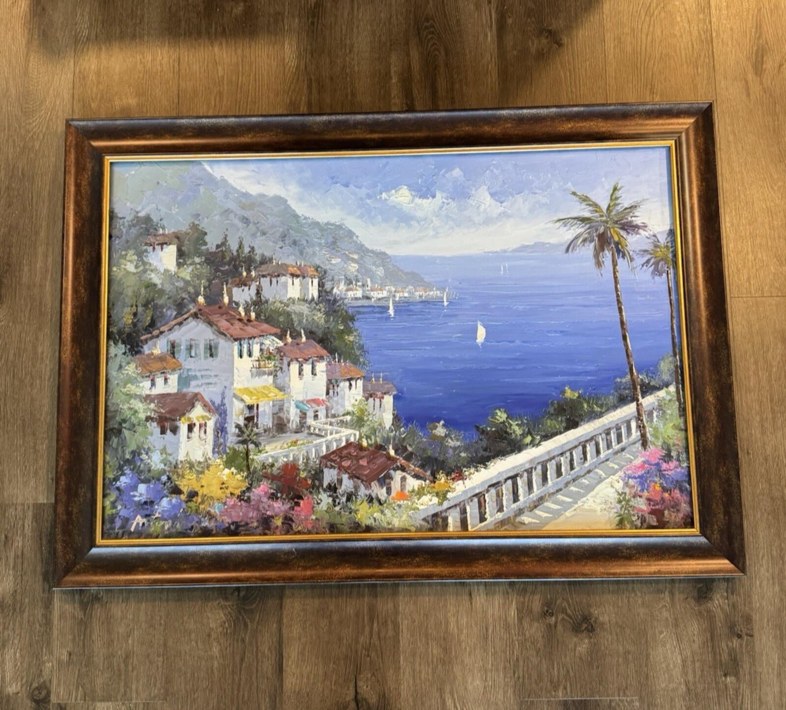 Original Signed Oil Painting Mediterranean Coastal Village Seascape Framed - VG+